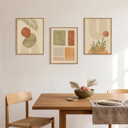 Boho Sage Green Framed Canvas Wall Art, Abstract Geometric Beige Wall Decor - Image 3