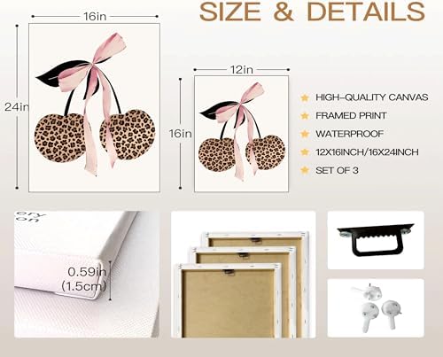 3Pcs Trendy Leopard Print Canvas Wall Art, Fashion Bow Cherry Lips Y2k Poster - Image 2