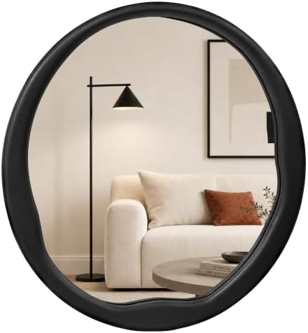 Matte Black 30 Inch Round Wood Wall Mirror, Asymmetrical Inner Edge by Pocetry