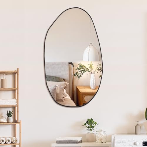 Irregular Asymmetrical Wall Mirror, 19.5" x 33.5" Black Bathroom Mirror by BOMINICA