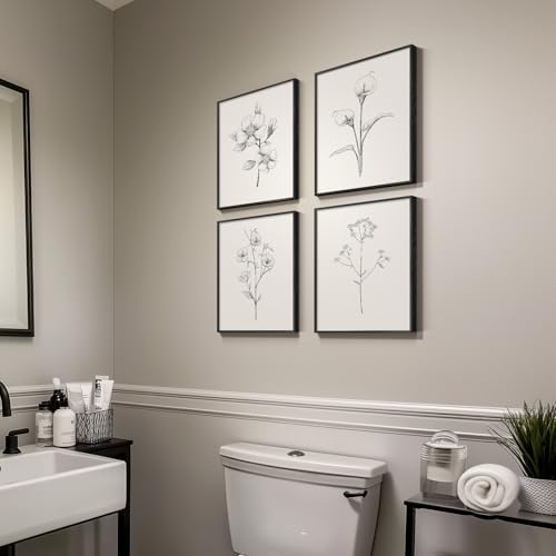 Framed Black and White Floral Wall Art, 4 Piece Vintage Gray Botanical Canvas - Image 4