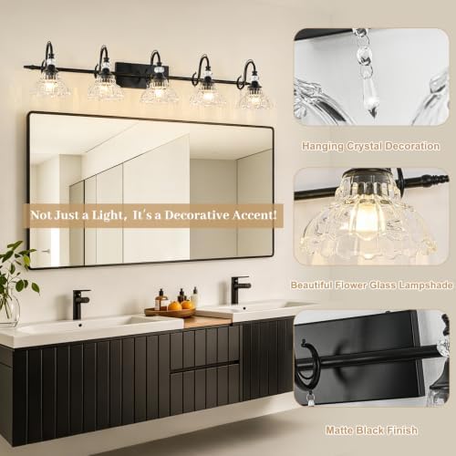 Black Bathroom Vanity Light, 5-Light Matte Black Finish Farmhouse Wall Sconce - Image 4