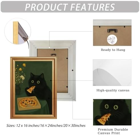 ICHZUMW Gold Framed Funny Black Cat Eating Pizza Canvas Wall Art, 16x24 In - Image 6