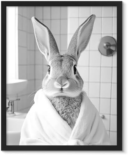 uniro Funny Bathroom Wall Art Prints Black and White Bath towel bunny Bathroom by uniro