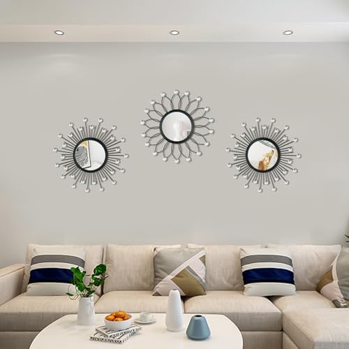 3 Pack Metal Mirrors for Wall Sunburst Wall Mirror Black Crystal Wall Art - Image 6