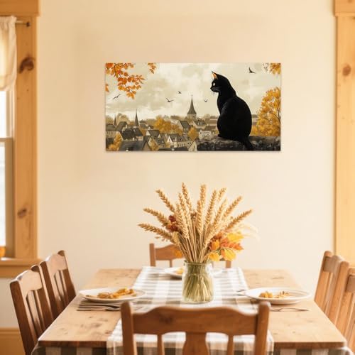 SWQYLB Autumn Pictures Wall Art Black Cat Fall Decor Halloween Animal Canvas - Image 3