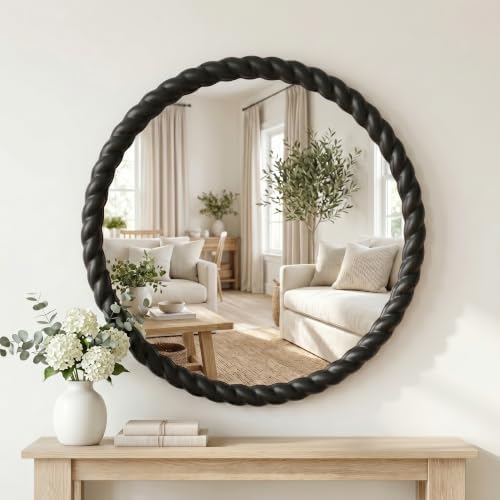 24"x24" Round Solid Wood Farmhouse Decorative Wall Mirror by Unknown