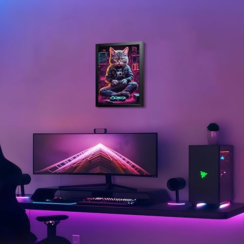 Framed Gamer Cat Canvas Wall Art, Kitten Playing Video Game Wall Decor - Image 2