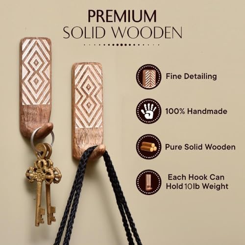 Indian Shelf 3 Boho Wood Adhesive Wall Hooks Peel Stick - Image 5