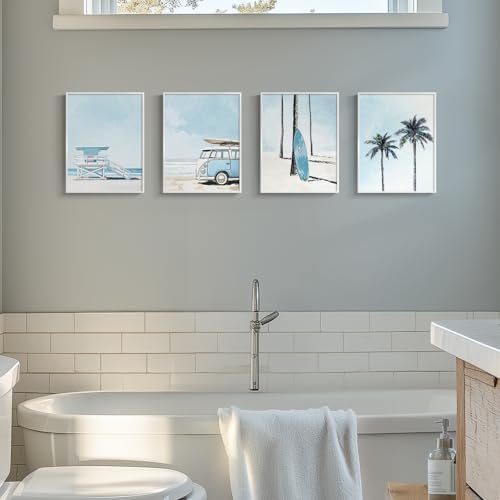 Framed Blue Coastal Beach Bathroom Canvas Wall Art Room Decor, 11x14 Inch - Image 2