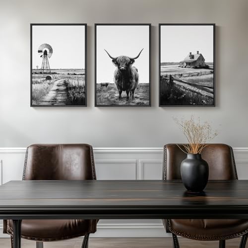 Framed Highland Cow Wall Art for Living Room, 3 Piece Black and White Farmhouse - Image 2