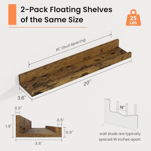 Picture Ledge Shelf, 20 inch Floating Wood Shelves Set of 2, Rustic Brown - Image 3