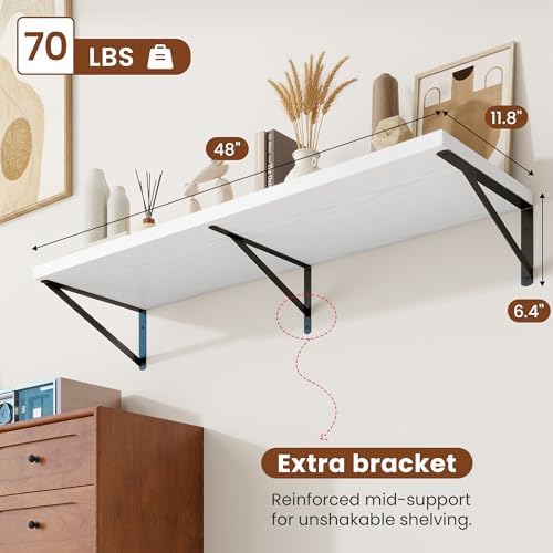 Deep Wall Shelves 48"W x 12"D Engineered Wood Floating Shelves - Image 2