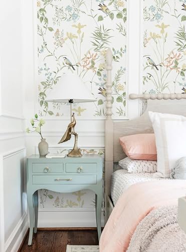 Erfoni Boho Floral Peel and Stick Wallpaper Green Floral Birds Wallpaper - Image 2