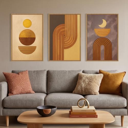 Large Boho Woodcut Framed Canvas Wall Art, Mid Century Modern Wall Decor by Unknown
