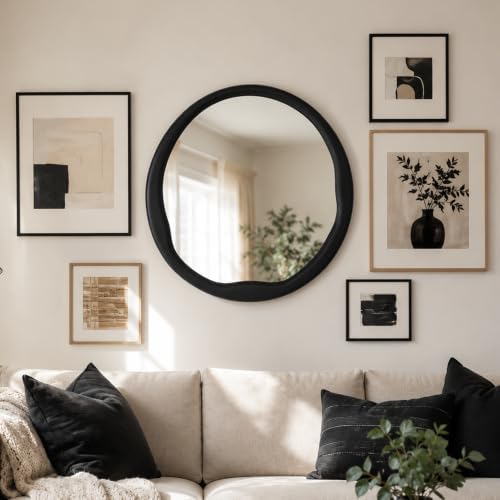 Matte Black 24 Inch Round Wood Wall Mirror, Asymmetrical Inner Edge - Image 5