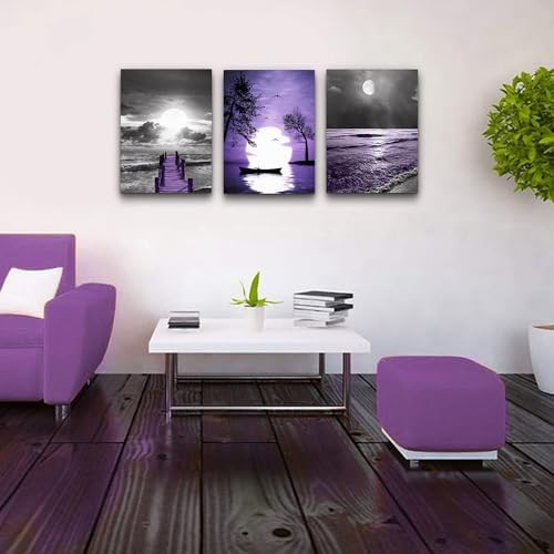 Lapremoly Black And White Purple Ocean Landscape Large Wall Decor - Image 5