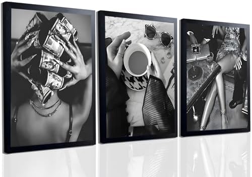 Framed Trendy Black and White Wall Art Luxury Money Hair Rollers Girl Posters by Unknown