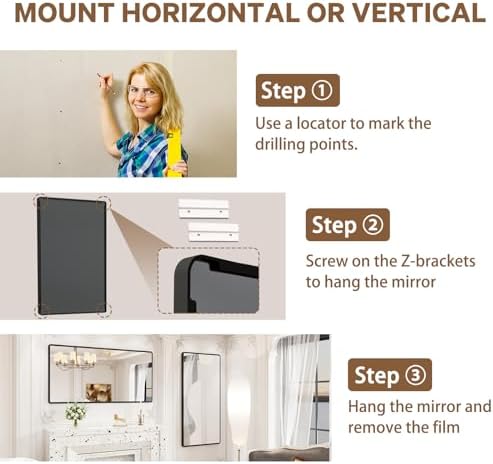 pertetey Black Bathroom Mirror, Aluminum Frame Wall Mirror, 60 x 30 in - Image 6