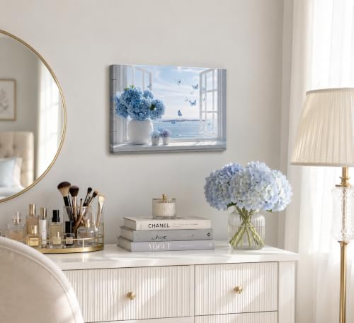 Birnsen Coastal Bathroom Canvas Wall Art Blue Hydrangea Floral Vase Butterfly - Image 3