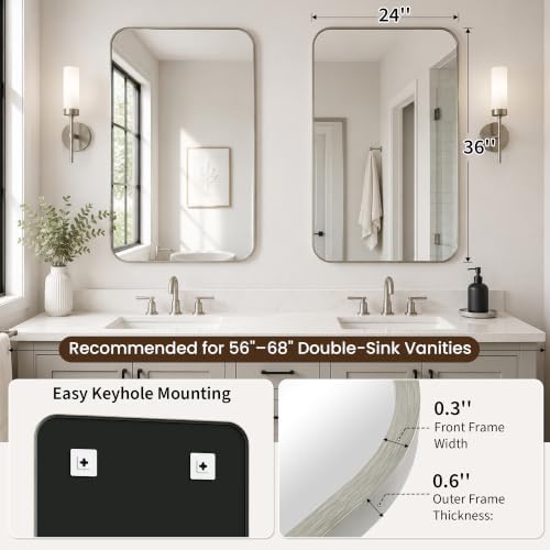2-Pack 24x36 Inch Brushed Nickel Rounded Rectangle Vanity Mirrors - Image 2