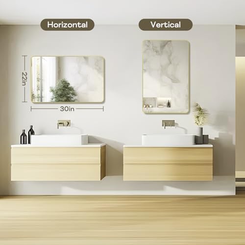 Gold Bathroom Mirror 22x30in, Metal Framed Rounded Rectangle Wall - Image 3