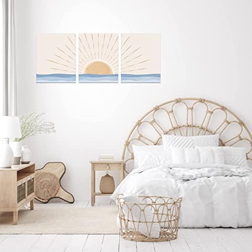 Boho Wall Art Set of 3, Neutral Geometric Sun Rising on the Sea Minimalist Art - Image 4