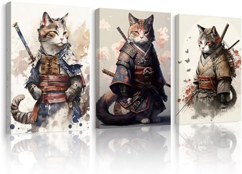 Japanese Cat Wall Art Poster Samurai Cat Canvas Wall Decor Japanese Anime by Unknown