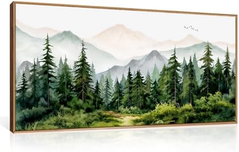 Green Forest Mountain Range Framed Canvas Wall Art -20''x40'' by Ausril