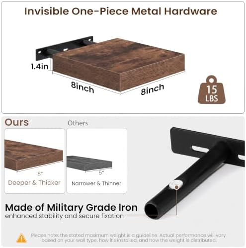 8in Square Floating Shelves 4 PCs, Wall Mounted Display Shelf, Rustic Brown - Image 3