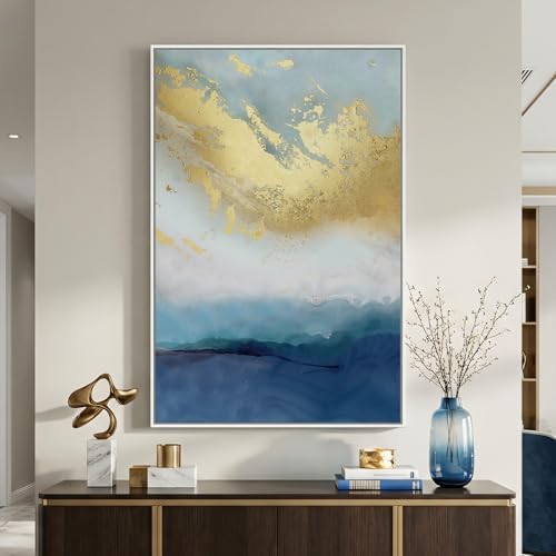 Large Framed Blue Gold Abstract Wall Art, Vertical 1 Piece 32x48 In by Cuspin