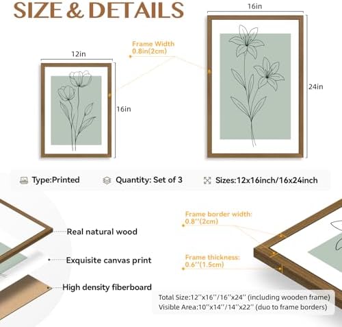 LERVR Wood Framed Minimalist Botanical Wall Art Set of 3, Modern Line Flower - Image 7