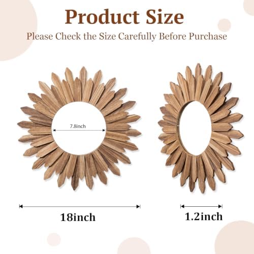 Honiway Boho Wall Decor 18 inch Rustic Wood Sunburst Boho Wall Mirror Farmhouse - Image 2