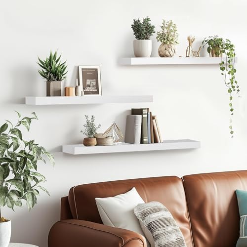 3-Pack Floating Wall Shelves, 24-Inch Rustic White Wooden Shelves - Image 2