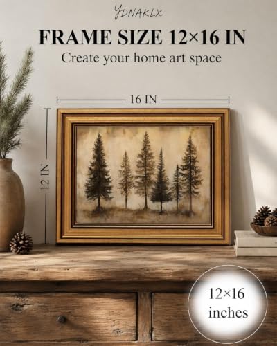 Gold Framed Wall Art, Vintage Pine Trees Canvas Prints, Rustic Nature Woodland - Image 2