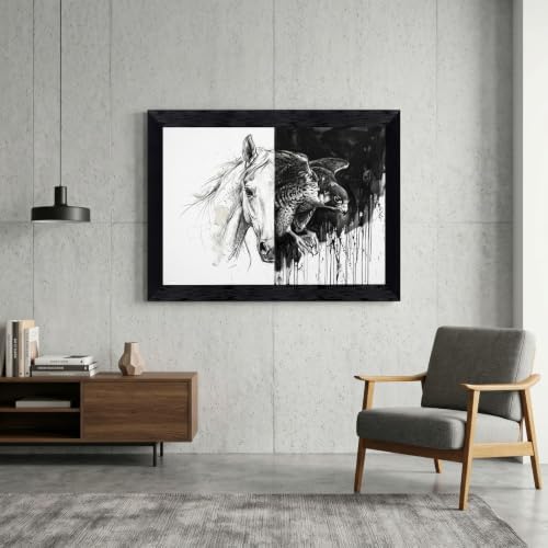 Framed Canvas Wall Art Mixed Media Stallion Falcon Portrait Monochrome Charcoal - Image 4