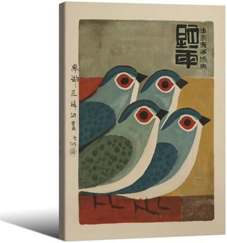 Japanese Mid Century Blue Bird Framed Posters Prints Vintage Animal Wall Art by Unknown