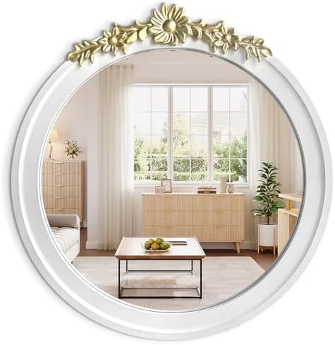 White Round Wood Mirror 28 Inch, Large Rustic Boho Coastal Wall Decor by HQiJun