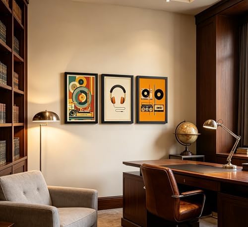 3Pcs Vintage Music Canvas Wall Art MidCentury Modern Vinyl Turntable Painting - Image 6