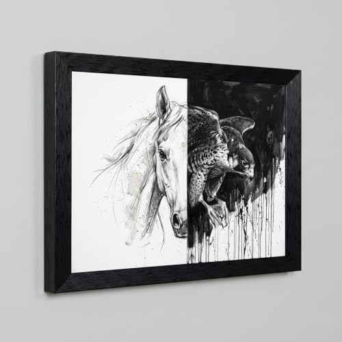 Framed Canvas Wall Art Mixed Media Stallion Falcon Portrait Monochrome Charcoal - Image 5