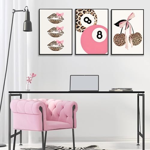 Trendy Pink Leopard Bow Wall Art Set of 3 Funky Cherry Lucky 8 Ball Posters - Image 6