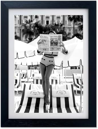 Framed Black and White Summer Wall Decor Woman Reading Newspaper Beach Canvas by Fangfey+Art