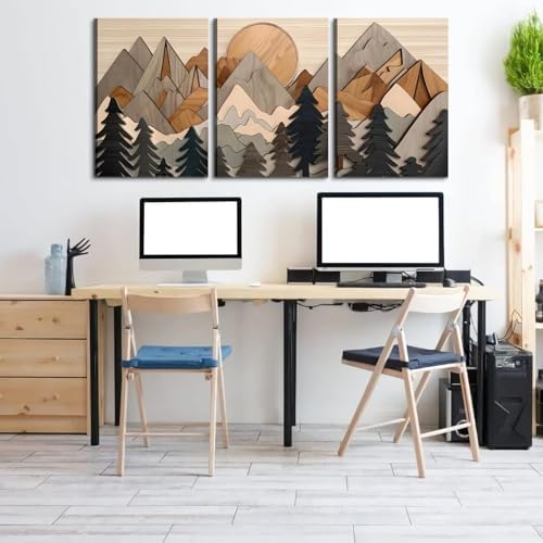 Set of 3 Mountain canvas Wall Art Large Forest Wall Decor pictures Woodcut - Image 4