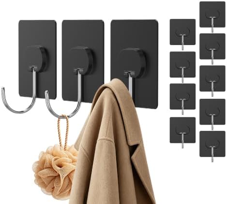 Adhesive Wall Hooks No Drill Large Black Heavy Duty, 13LB Sticky 12 Pack by JINSHUNFA