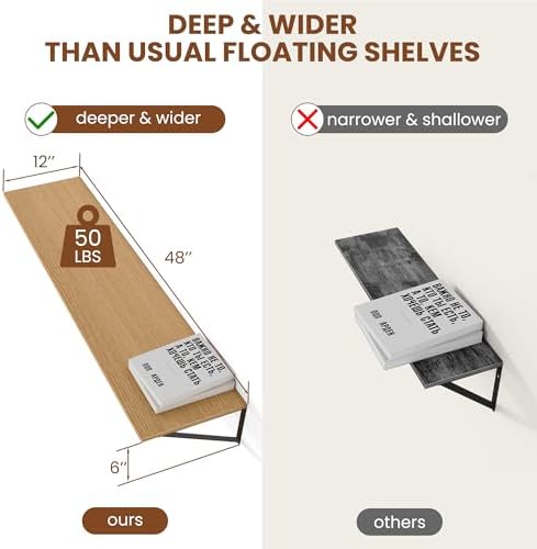 Heimlove 48W x 12D Deep Floating Shelves Set of 2 Oak - Image 3