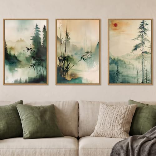 Chinoiserie Landscape Framed Canvas Wall Art Set-16"x24"x3 by Celestdeco