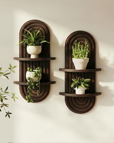 Bamworld Boho Wall Decor Plant Wall Shelf Wood Plant Holder Walnut 2PCS by Bamworld