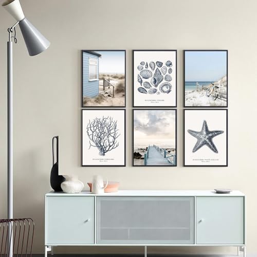 6Pcs Blue Beach Wall Art Preppy Beach Hut Wall Decor Pictures Ocean Boho Reed - Image 2