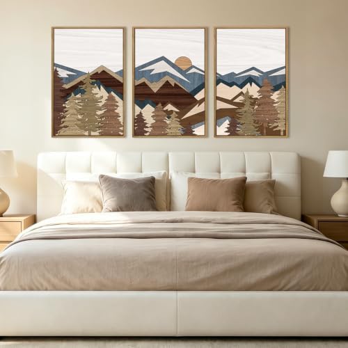 BINCUE Large Mountain Wall Art Vintage Mountains Office Framed Canvas 3 Piece - Image 4
