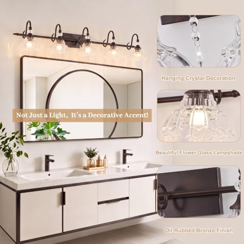 5-Light Oil Rubbed Bronze Vintage Bathroom Vanity Light w/Flower Shade - Image 4